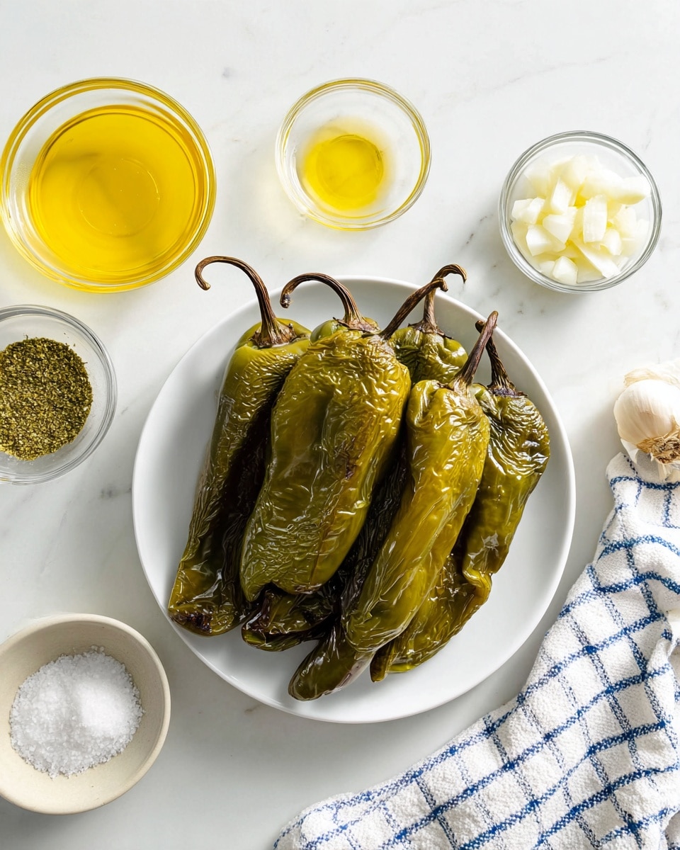 A white plate holds four whole roasted green chile peppers with wrinkled, slightly charred skin and curled dark stems, arranged close together in the center. Around the plate, on a white marbled surface, there are five small clear glass bowls containing different ingredients: light yellow lemon juice, dried green herbs, bright yellow olive oil, coarse white salt, peeled garlic cloves, and chopped white onion. A white cloth with a blue checkered pattern lies to the right of the plate. The lighting is bright and natural, highlighting the textures and colors clearly. photo taken with an iphone --ar 4:5 --v 7