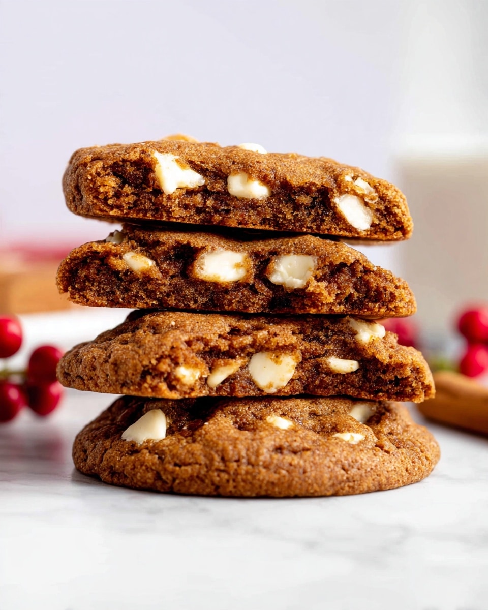 A close-up view of a stack of four soft and thick brown cookies with a rough texture, each filled with uneven white chunks evenly spread throughout the dough. The cookies are stacked unevenly, showing their moist inside and rough edges. The whole stack sits on a white marbled surface with a slightly blurred pale background, and a cinnamon stick and red berries can be seen out of focus near the stack. Photo taken with an iphone --ar 4:5 --v 7