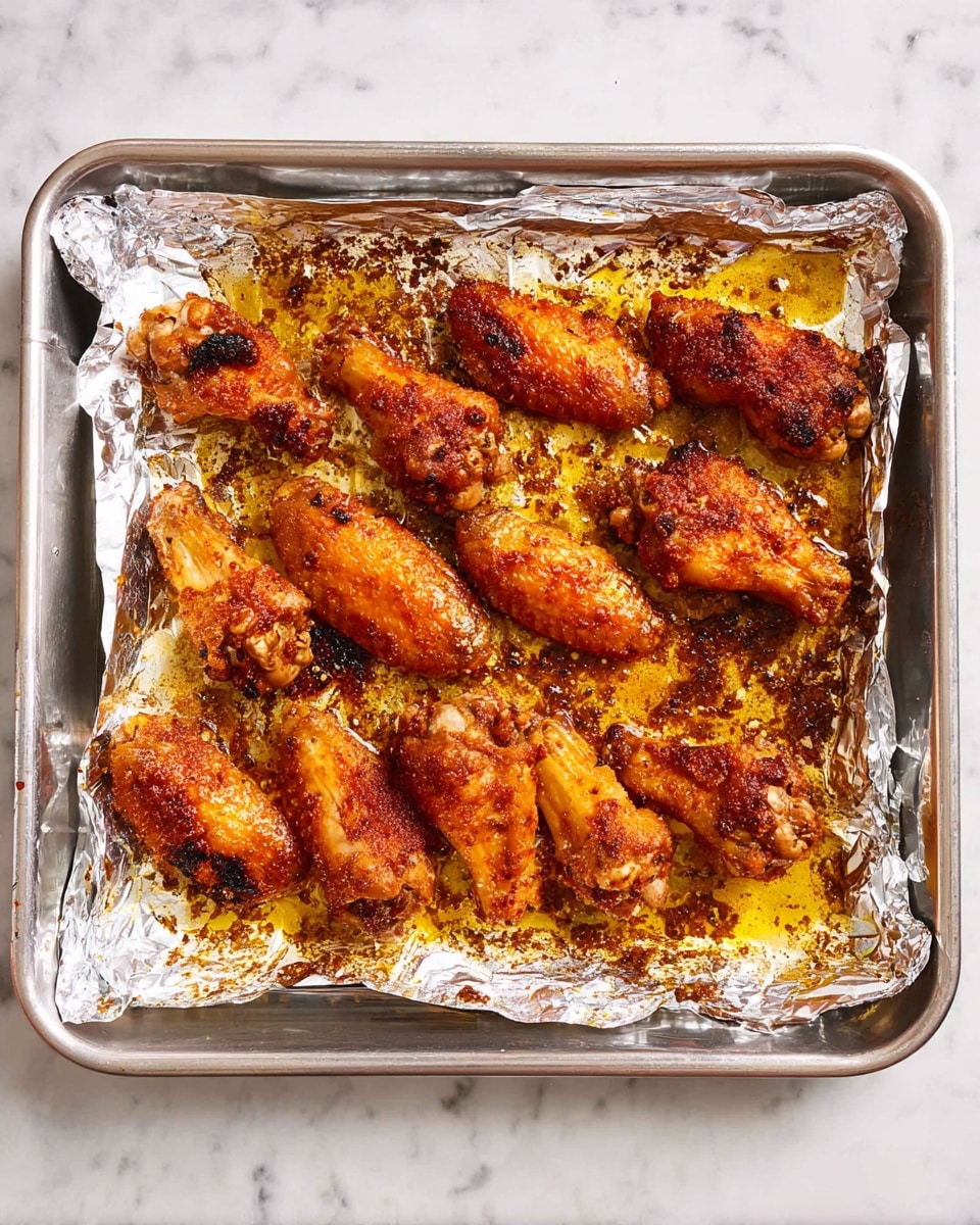 A metal baking tray lined with crinkled aluminum foil holds twelve cooked chicken wings. The wings have a reddish-brown crispy skin with some charred spots, sitting in a layer of golden oil and dark brown seasoning bits spread unevenly on the foil. The baking tray is on a white marbled surface. photo taken with an iphone --ar 4:5 --v 7