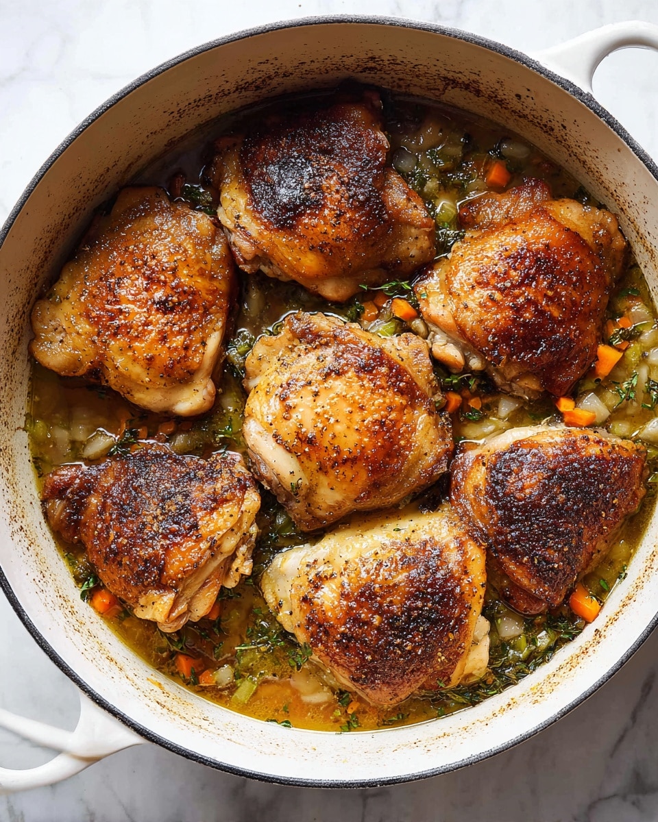 A white pot holds six pieces of golden brown chicken with crispy skin on top, arranged closely together. Underneath the chicken, a mix of small, soft vegetables and herbs cook in a thin, shiny broth, showing hints of green and orange colors. The chicken’s skin shows a textured, slightly blackened surface from seasoning and cooking. The pot has a smooth white interior and a worn black edge visible around the rim. The background is a white marbled surface. photo taken with an iphone --ar 4:5 --v 7
