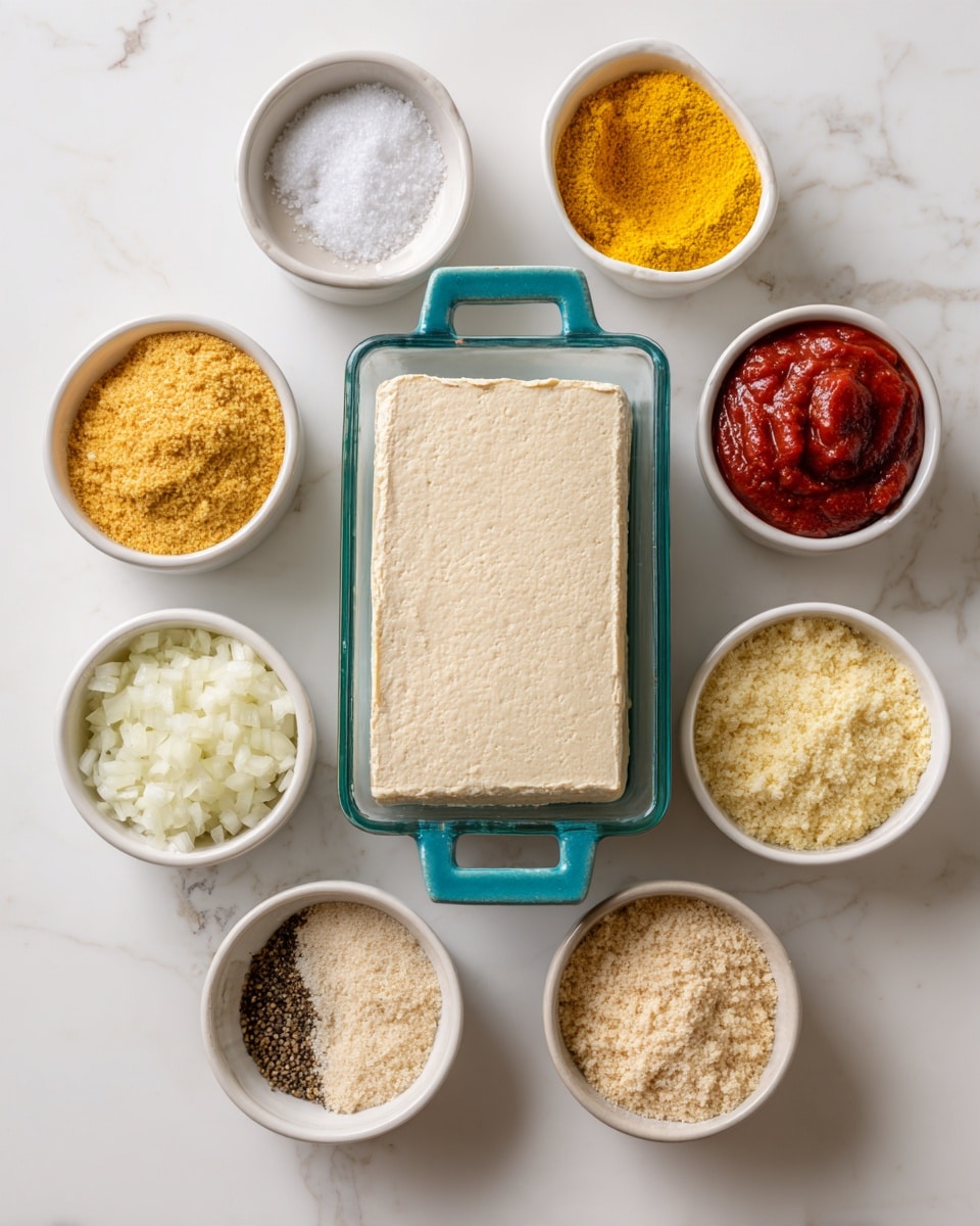 The image shows seven small bowls arranged neatly on a white marbled surface with different ingredients inside them. In the center is a rectangular block of pale beige tofu in a clear container with teal handles on both sides. Surrounding it are six round white bowls: top right containing bright yellow nutritional yeast powder; middle right holding a deep red thick tomato paste; bottom right with light yellow garlic powder; bottom left filled with finely ground light brown breadcrumbs; top left bowl filled with finely chopped white onion pieces; and a small bowl to the left with white salt crystals and ground black pepper side by side. The setup is clean and evenly lit, giving a clear view of each ingredient's texture and color. photo taken with an iphone --ar 4:5 --v 7
