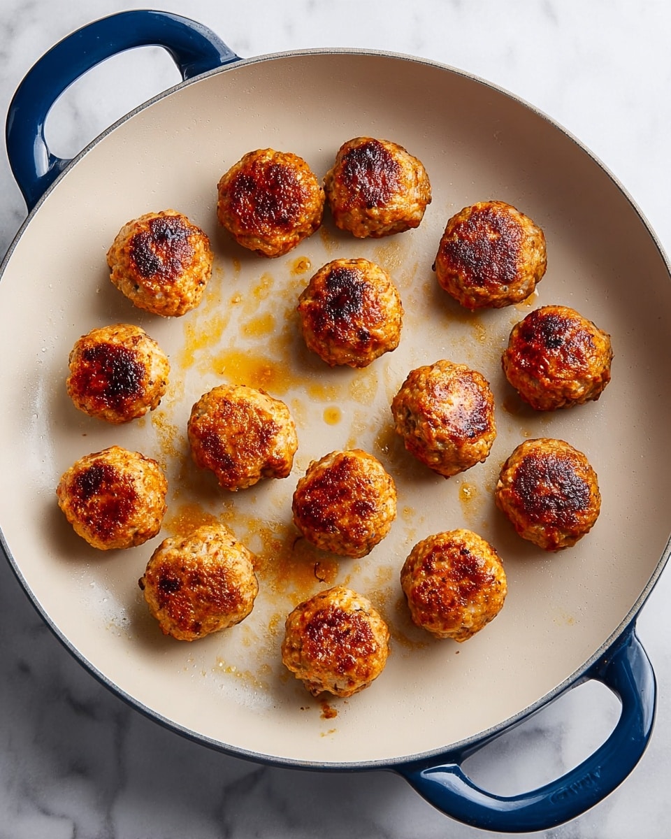 In a white frying pan with blue handles, there are fifteen small, round meatballs arranged in a loose circle. Each meatball has a golden brown color with some darker, crispy spots, showing a cooked texture. The pan surface has a few scattered small oil spots, and the background is a white marbled surface. photo taken with an iphone --ar 4:5 --v 7