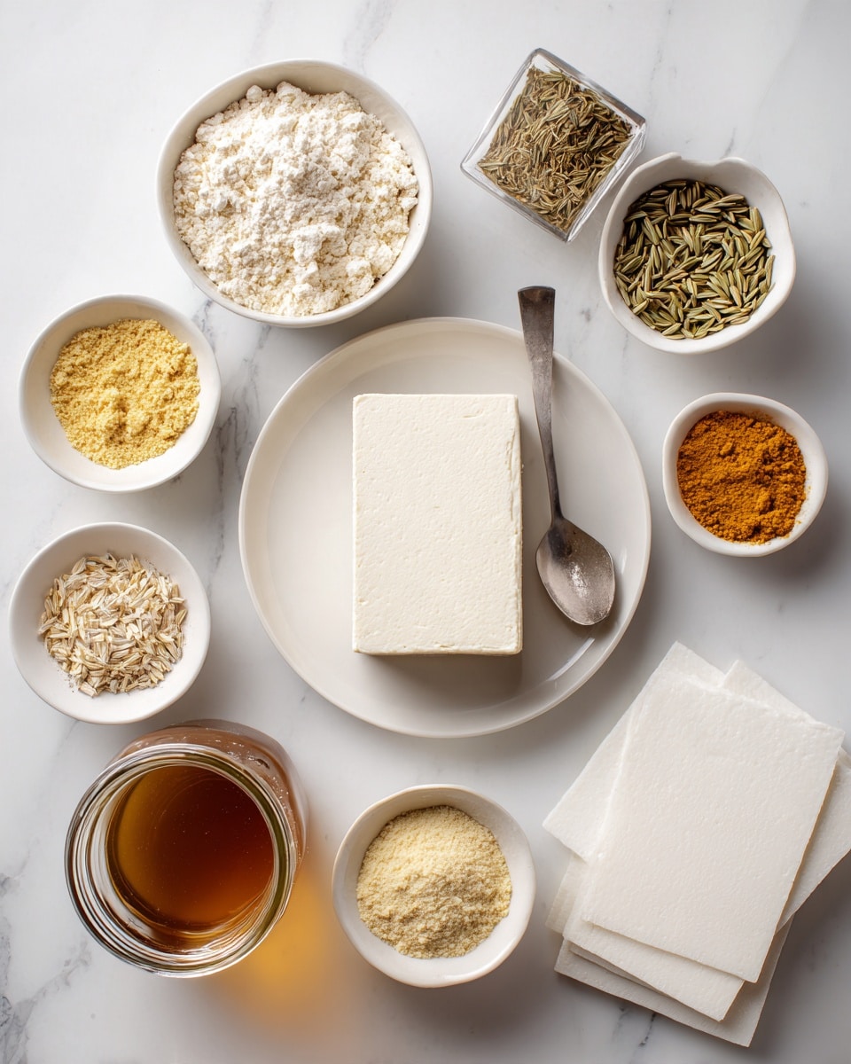 The image shows several ingredients arranged neatly on a white marbled surface. In the center, there is a square block of creamy white silken tofu placed on a white plate. Around it, there are small white bowls holding wheat gluten flour with a light beige powder, yellow nutritional yeast, brown poultry seasoning, and a bright orange and green mix of spices. To the upper right, a white bowl contains greenish fennel seeds, and beside it is a small square bowl with clear water. On the lower left side, there is a clear glass jar filled with brown broth and a spoon inside. Two small bowls hold light yellow garlic and onion powder. Finally, at the bottom right corner, a stack of white rice paper sheets lies flat. The layout is clean and organized, creating a calm and inviting cooking scene. Photo taken with an iphone --ar 4:5 --v 7