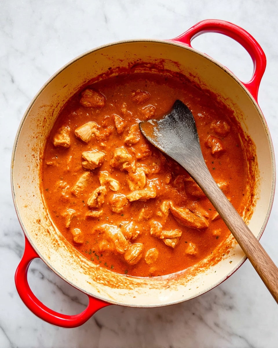 A round red cast iron pot with two handles holds a thick, deep orange-red sauce mixed with chunked pale pieces of meat. The inner surface of the pot is cream-colored with some sauce stains on the sides. A wooden spoon with a dark gray flat head is partially inside the pot, resting on the sauce, with its handle pointing toward the bottom left. The pot is placed on a white marbled surface. photo taken with an iphone --ar 4:5 --v 7
