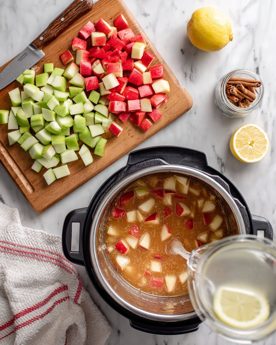 The image shows two parts: on the left, there is a wooden cutting board on a white marbled texture with chopped apple pieces in two colors, red and green, arranged in two groups. A knife with a wooden handle lies on the board near the green apples. On the right, there is an instant pot on a white marbled surface filled with the same chopped apples, and a woman's hand is pouring water from a clear glass into the pot. Nearby, there is a half lemon and a small jar with cinnamon sticks, along with a white towel with red stripes. photo taken with an iphone --ar 4:5 --v 7