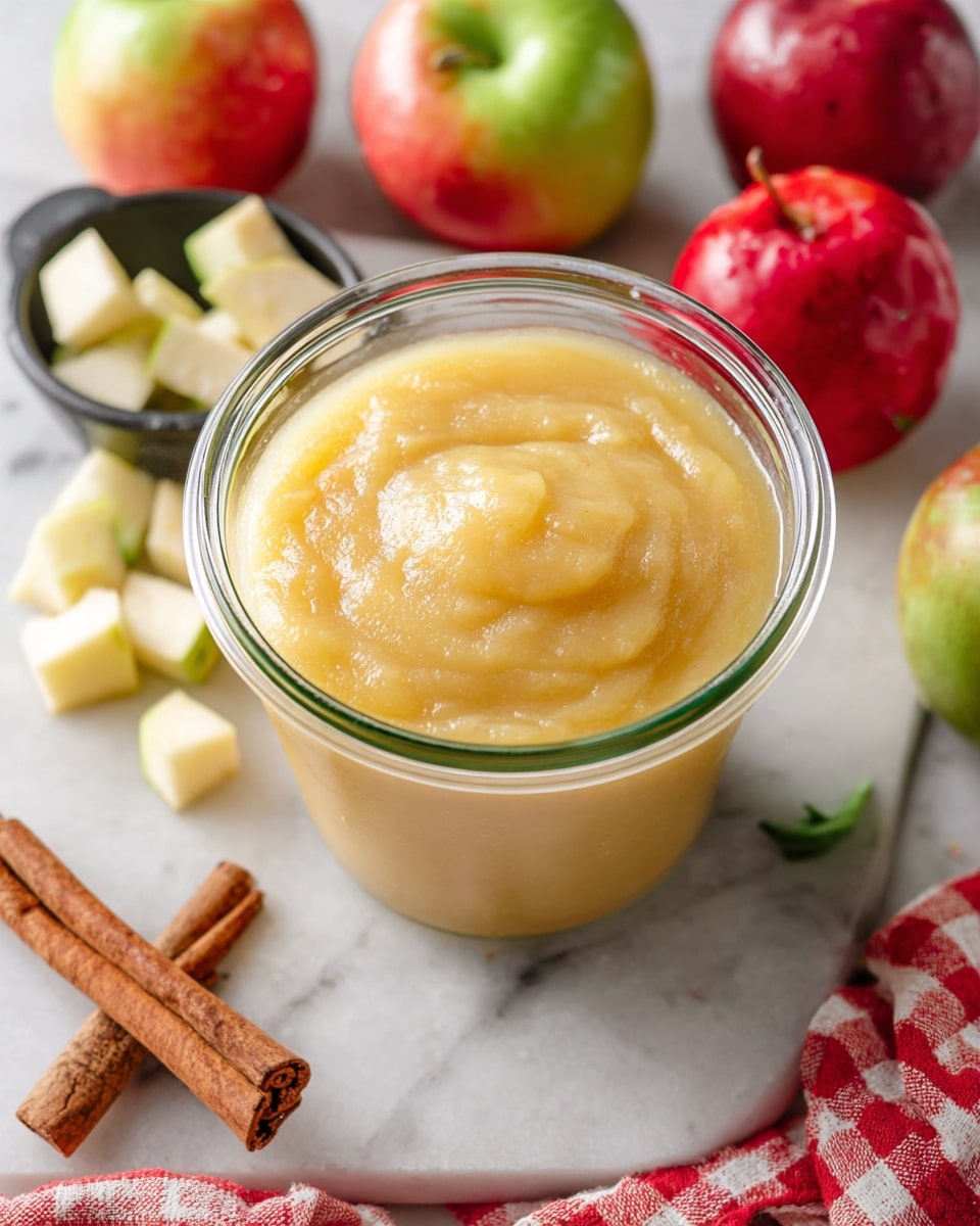 A close-up image of a smooth light yellow apple sauce inside a clear glass jar. The apple sauce is creamy with a small swirl on top. Behind the jar, there are red and green apples, and to the side, there is a cinnamon stick on a white marbled surface. A red and white checkered cloth is also visible in the background. Photo taken with an iphone --ar 4:5 --v 7
