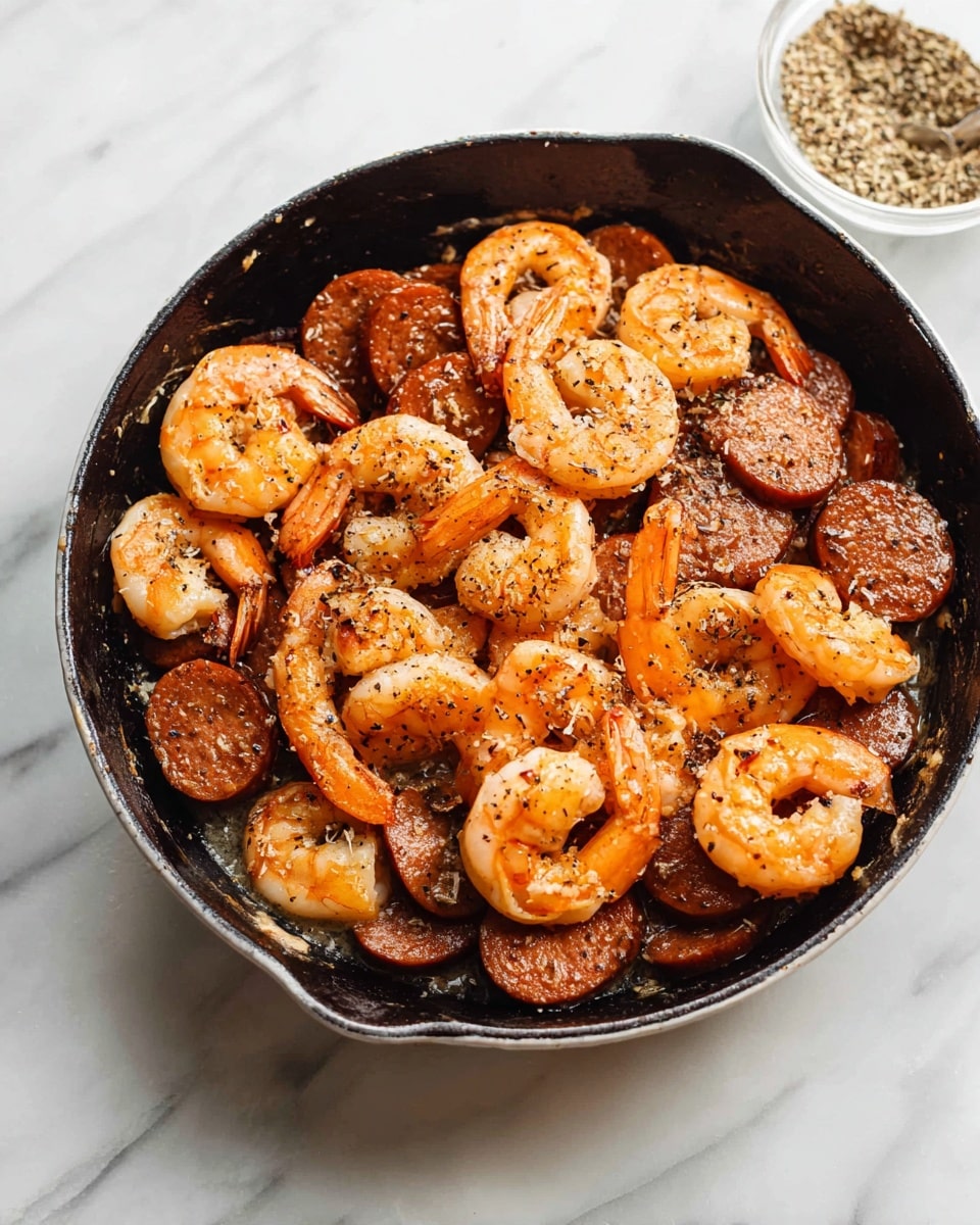 A black cast iron skillet filled with a single layer of cooked shrimp and sausage slices. The shrimp are orange-pink with some seasoning visible on their shells, arranged around and mixed evenly with round, brownish-orange sausage pieces. The skillet shows some dark cooking marks and is resting on a white marbled surface. The shrimp and sausage are spread evenly without stacking. photo taken with an iphone --ar 4:5 --v 7