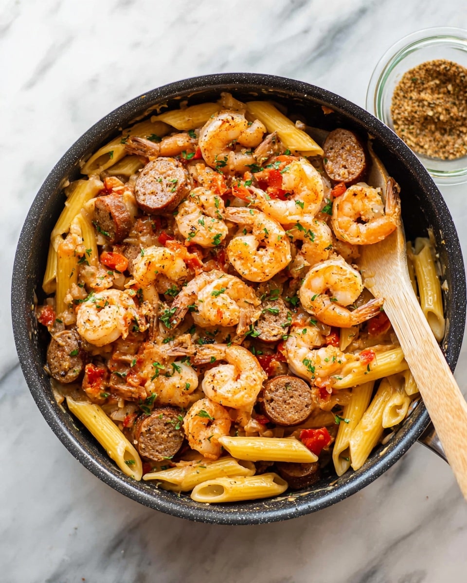 A black skillet filled with a colorful pasta dish, showing about three layers: the base layer is yellow penne pasta mixed with small pieces of red bell pepper, the middle layer has cooked shrimp with a light orange color and a curled shape, and the top layer includes round slices of browned sausage scattered evenly. Small green herbs are sprinkled throughout the dish. A wooden spoon with a light brown handle rests inside the skillet on the right side. The background is a white marbled surface. Photo taken with an iphone --ar 4:5 --v 7