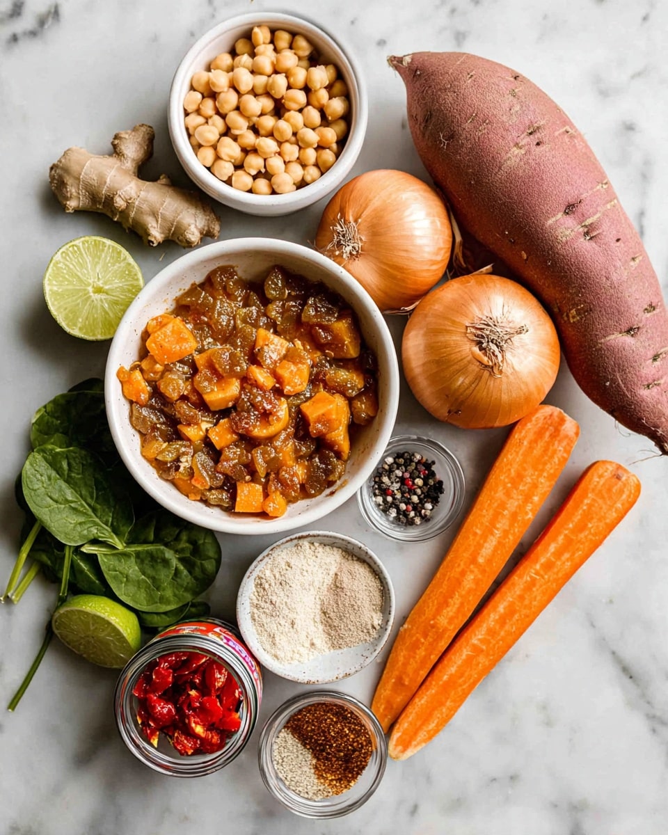 A flat lay of fresh and dried ingredients neatly arranged on a white marbled surface, including a whole orange pumpkin on the top right, two large purple sweet potatoes below it, two bright orange carrots on the bottom right, and fresh green spinach leaves scattered underneath the carrots. Near the center, two whole onions, one halved, sit next to a small bunch of green cilantro. Three white bowls hold ingredients: one filled with chickpeas on the top left, another with golden raisins in the middle, and a smaller one with minced garlic below. Spices in a white bowl are at the bottom center, including salt, black pepper, and red chili flakes. Additional spices in another bowl with mixed powders sit nearby. A can of diced tomatoes and fresh ginger root with two halved limes complete the layout. Photo taken with an iphone --ar 4:5 --v 7
