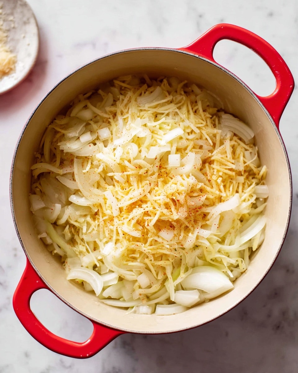 A red pot filled with thinly sliced white onions and light yellow shredded vegetables, the layers showing a mix of round and stringy textures piled loosely together at the bottom. The pot is set on a white marbled surface, with the bright red handle adding a bold color contrast. The onion slices and shredded vegetables create a soft, tangled heap inside the smooth beige interior of the pot, showcasing fresh and raw ingredients ready for cooking photo taken with an iphone --ar 4:5 --v 7