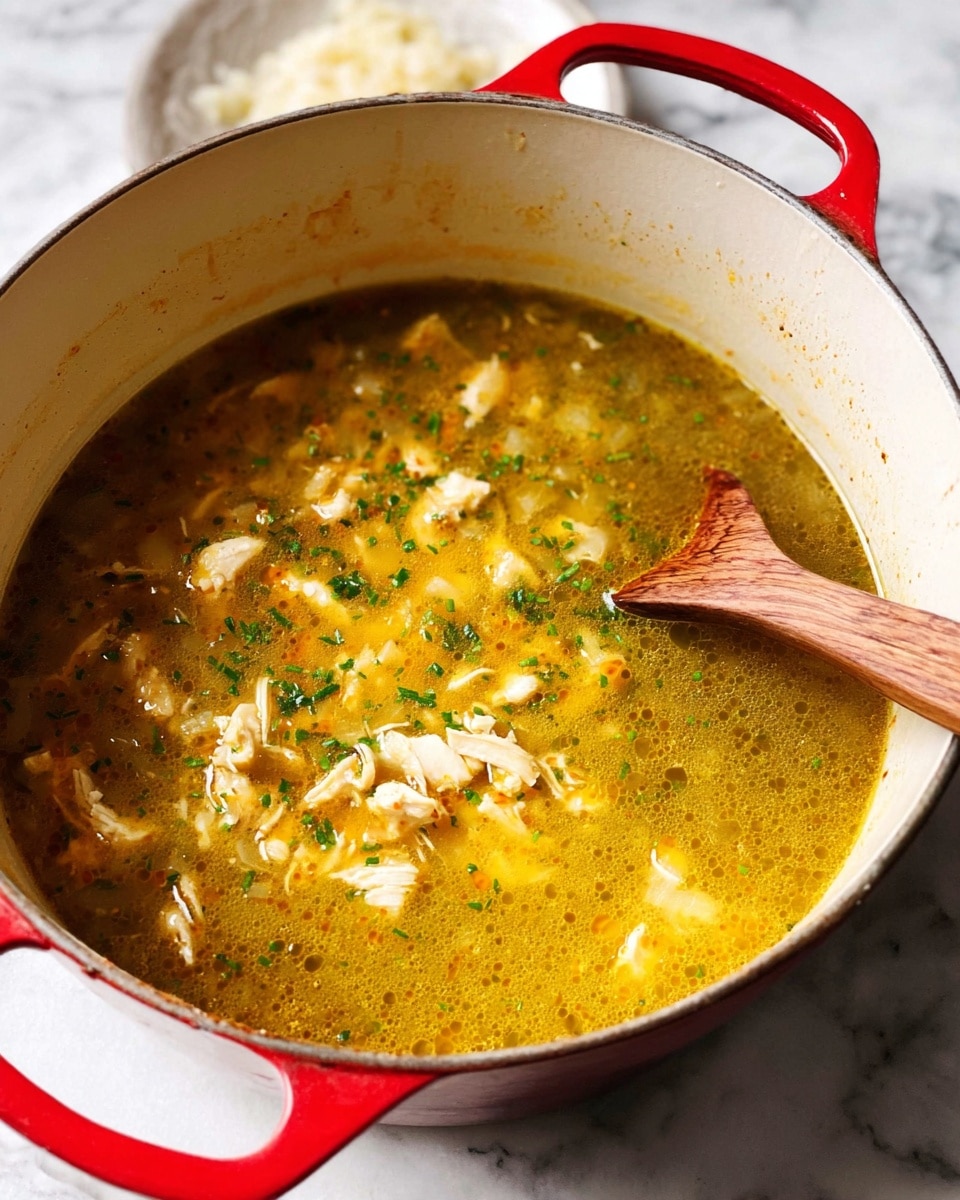 A close-up view of a large red pot filled with a thick, greenish-yellow soup that has small chunks of white chicken and green herbs scattered throughout, with a wooden spoon resting inside on the right side, the soup surface showing slight bubbles and oil sheen, all placed on a white marbled texture photo taken with an iphone --ar 4:5 --v 7