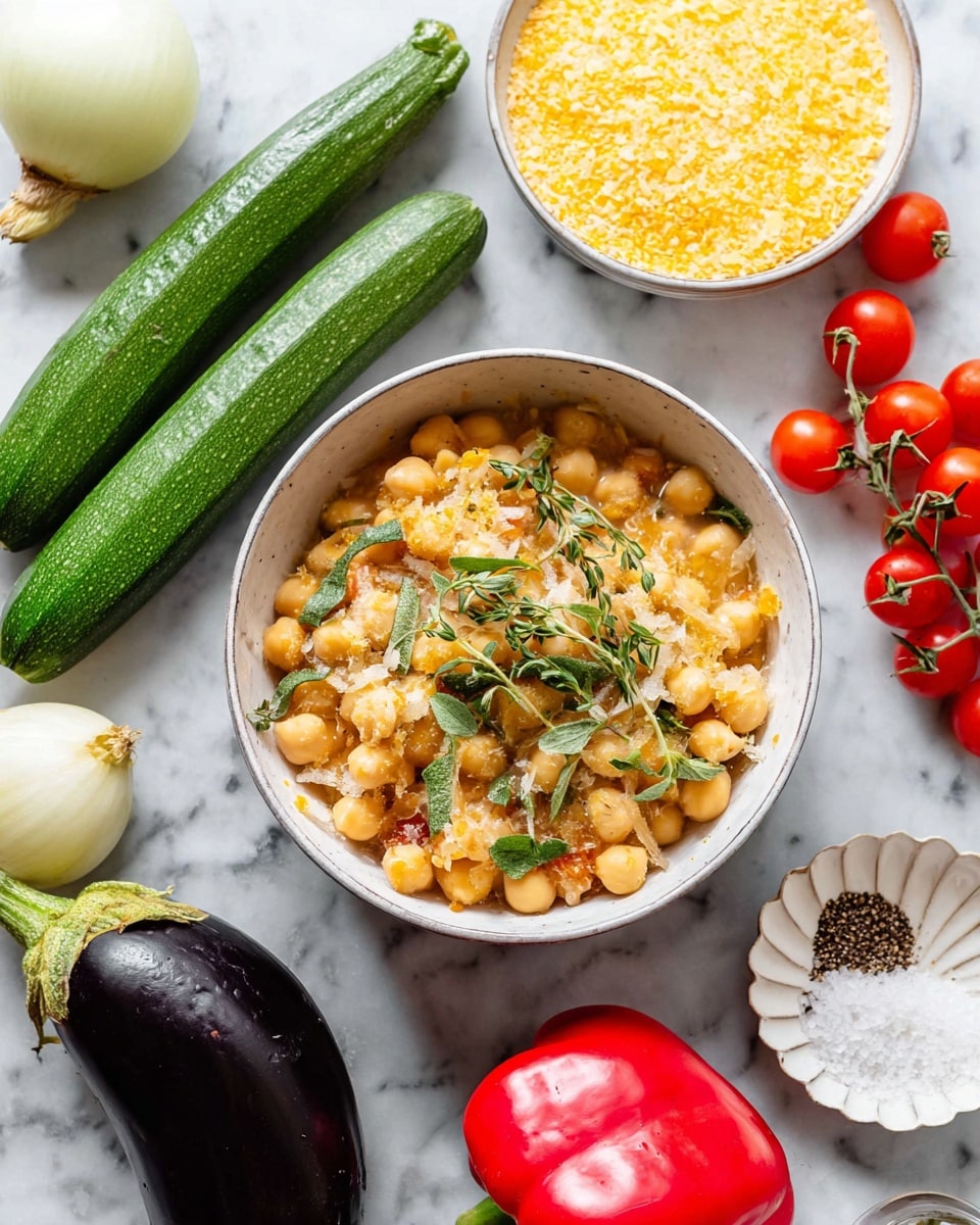 The image shows a collection of fresh vegetables and ingredients arranged on a white marbled surface. In the center is a white bowl filled with light beige chickpeas, topped with fresh green herbs including basil and thyme. Around this bowl, from left to right, are two green zucchinis, one whole onion and half an onion showing white layers, a bunch of small red cherry tomatoes on the vine, a small bowl with golden bulgur wheat, a large dark purple eggplant, a yellow bell pepper, a red bell pepper, and a scattering of red radishes and coarse salt and black pepper on a small white shell-shaped dish. The colors are bright and fresh, showing a mix of reds, greens, yellows, purples, and whites. photo taken with an iphone --ar 4:5 --v 7