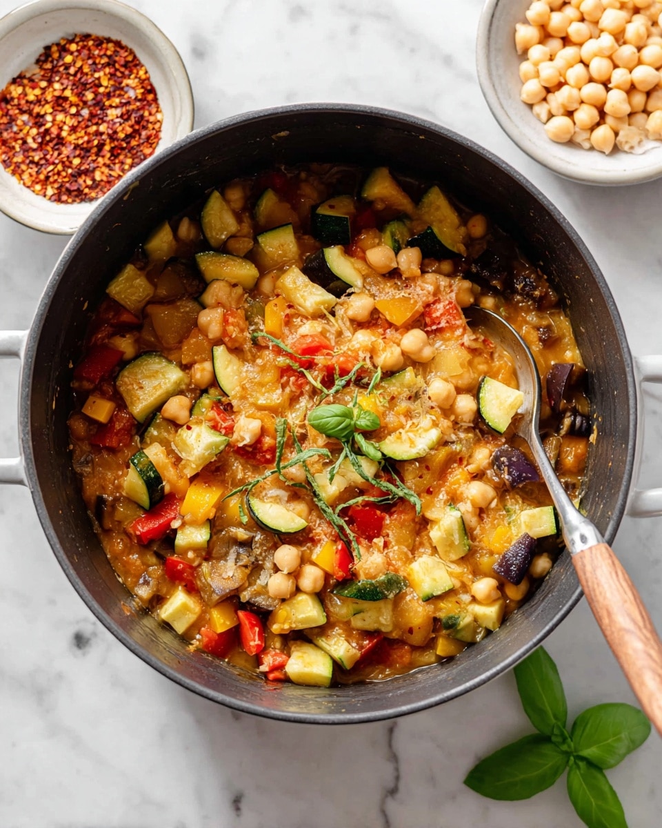 A black pot filled with a mix of cooked vegetables in visible layers: small round beige chickpeas on top, bright red tomato pieces mixed throughout, chopped green zucchini, diced yellow and red bell peppers, and soft brown eggplant pieces. The vegetables look soft and mixed together with bits of onion and herbs, garnished with a few green basil leaves on top. A spoon with a wooden handle rests inside the pot on the right side. The pot sits on a white marbled surface, with a small bowl of red chili flakes and some basil leaves nearby. Photo taken with an iphone --ar 4:5 --v 7