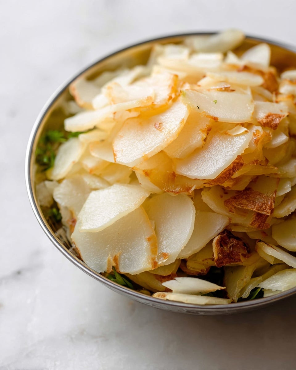 A close-up of a silver bowl filled with very thin, pale yellow to white slices of a root vegetable arranged in layers inside the bowl, resting on a white marbled surface. The slices have a slightly shiny, wet look, and the edges vary from smooth to slightly rough. The background is softly blurred, focusing on the delicate texture and layering of the thin slices. Photo taken with an iphone --ar 4:5 --v 7