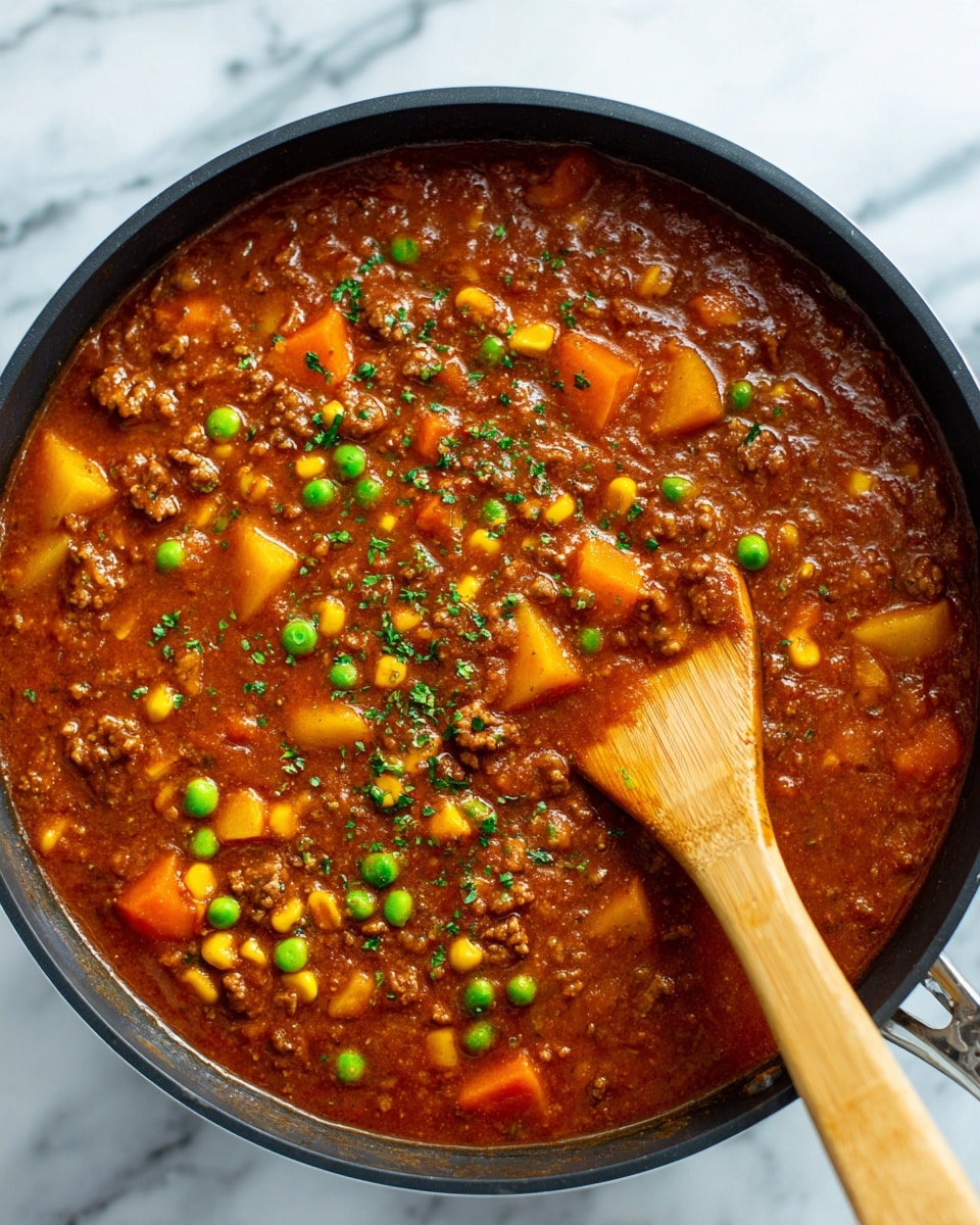 The image shows a thick stew in a black pan with a wooden spoon resting in it. The stew has a rich reddish-brown sauce and is filled with small chunks of soft orange carrots, light yellow potatoes, and finely crumbled beef. The stew is densely packed and looks smooth and creamy in texture. Bright green peas and yellow corn kernels are mixed evenly on the surface, giving it a colorful look, and some small sprinkles of green herbs are scattered on top for garnish. The wooden spoon is partially dipped into the stew and its handle is visible at the right side. The background is a white marbled texture photo taken with an iphone --ar 4:5 --v 7