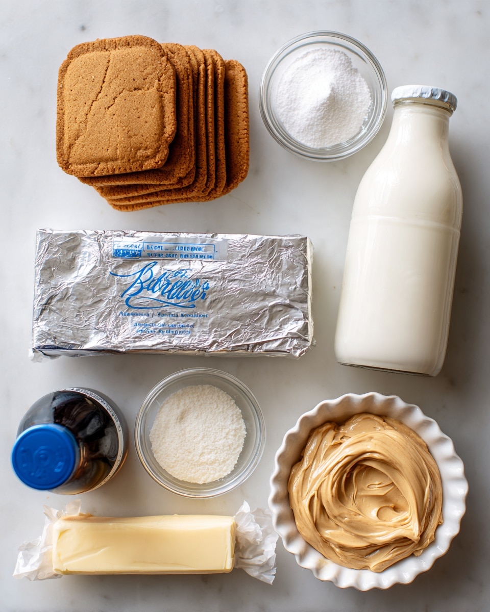 The image shows ingredients neatly placed on a white marbled surface. At the top left, there is a stack of brown Biscoff cookies with a smooth texture, arranged flat. To the right, a clear glass bottle holds white heavy cream visible through the glass. In the center lies a silver wrapped block of cream cheese with blue writing on it. Below and to the right, a small transparent bowl is filled with white powdered sugar. At the bottom left, a dark blue bottle of vanilla extract is visible. Next to it, a white fluted bowl holds smooth, light brown Biscoff cookie butter with swirling patterns on the surface. At the very bottom, a pale yellow stick of butter wrapped partially in paper is placed horizontally. The overall scene is clean and bright, with each ingredient clearly labeled. Photo taken with an iphone --ar 4:5 --v 7