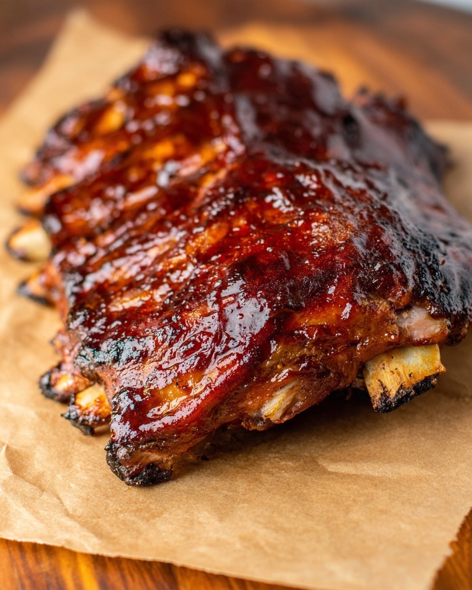 A close-up view of a large slab of barbecued ribs placed on a piece of brown parchment paper on a wooden surface, showing one layer of tender meat with a shiny, rich reddish-brown glaze and visible grill marks, and the bone ends sticking out with a slightly charred texture. The ribs have a glossy, sticky sauce coating that reflects light, giving a fresh and juicy look. photo taken with an iphone --ar 4:5 --v 7