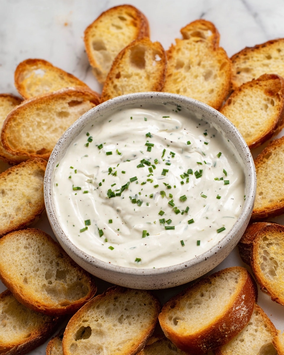A close-up view of a thick, creamy white dip with tiny dark specks inside, topped with small, chopped green herbs spread evenly across the surface. The dip is in a white ceramic bowl with dark speckles around the rim. Around the bowl are many slices of toasted bread with a golden brown crust and light, airy inside, arranged randomly on a white marbled surface. Photo taken with an iphone --ar 4:5 --v 7