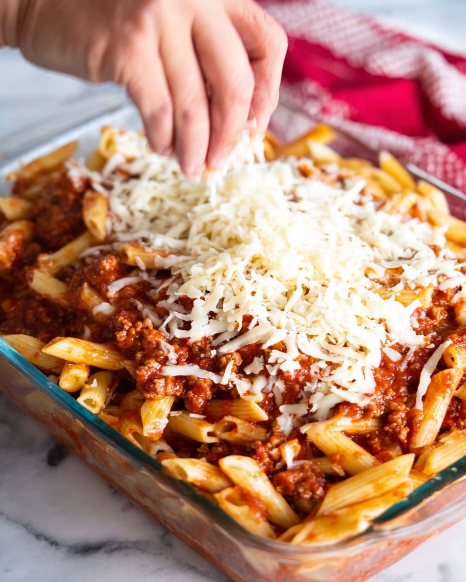 A clear glass dish is filled with cooked penne pasta mixed with a rich, chunky tomato and meat sauce that spreads evenly across the bottom layer. On top of this, white shredded cheese is being sprinkled generously by a woman's hand from above, creating a contrast between the red sauce and the pale cheese. The background and surface are white marble, with a slight blur showing a red and white cloth in the top corner, focusing the attention on the pasta and cheese. photo taken with an iphone --ar 4:5 --v 7