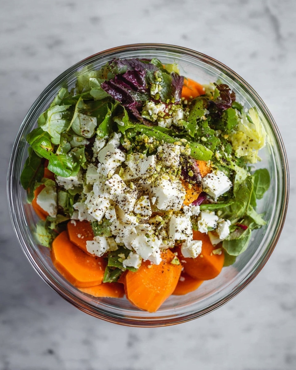 A clear glass bowl holds a fresh salad with three main layers, shown from the top. At the bottom, there are bright orange carrot slices with a smooth texture. Above that, scattered white cottage cheese pieces add a soft, crumbly look. The top layer is a mix of green leafy vegetables, with different shades of green and some leaves showing a hint of purple, all fresh and crisp. The salad is finished with a sprinkle of black pepper, adding small dark specks on the white cheese and orange carrots. The bowl sits on a white marbled surface with soft natural light highlighting the textures and colors. photo taken with an iphone --ar 4:5 --v 7