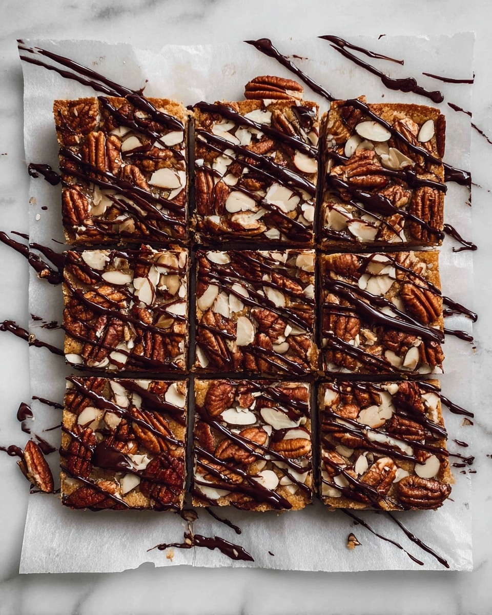 The image shows a close-up of four nut bars on a white marbled surface, arranged in two rows. Each bar has three layers: the bottom layer is a golden-brown oat-like crust, the middle layer is a dark rich chocolate filling, and the top layer is covered with a mix of whole pecans, chopped almonds, and a drizzle of dark chocolate. The tops of the bars look crunchy and textured with nuts clearly visible. The overall color is warm with browns and creamy nut whites contrasting with the dark chocolate in the middle. Photo taken with an iphone --ar 4:5 --v 7