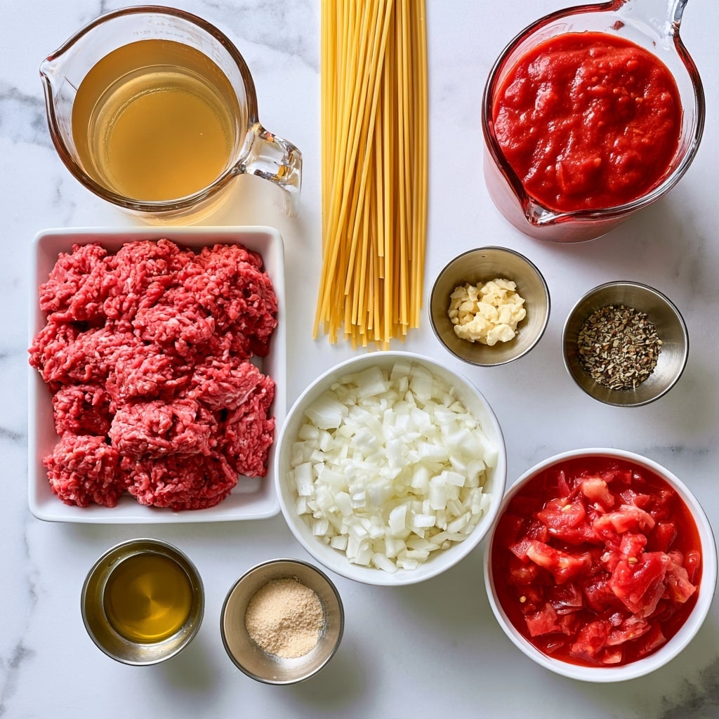 The image shows an overhead view of various ingredients neatly arranged on a white marbled surface. In the top left corner, there is a clear glass measuring cup filled with golden brown chicken broth. Next to it on the right is a bundle of uncooked yellow spaghetti standing upright like a small bouquet. To the right of the spaghetti is another clear glass measuring cup filled with thick red marinara sauce. Below the chicken broth, on the left side, there is a white tray holding bright red ground beef with a textured surface. In front of the beef are two small metal bowls; one with pale minced garlic and the other with mixed dried Italian seasoning, showing a dark green and brown color mix. To the right of these small bowls is a larger white bowl filled with finely chopped white onions. Next to the onions on the right is a white bowl with bright red diced tomatoes in juice. Below the diced tomatoes is a tiny metal bowl containing golden cooking oil, and next to it is another small metal bowl with light beige garlic salt. All items are spaced evenly with clear labels on each ingredient on a clean white marbled background. Photo taken with an iphone --ar 4:5 --v 7