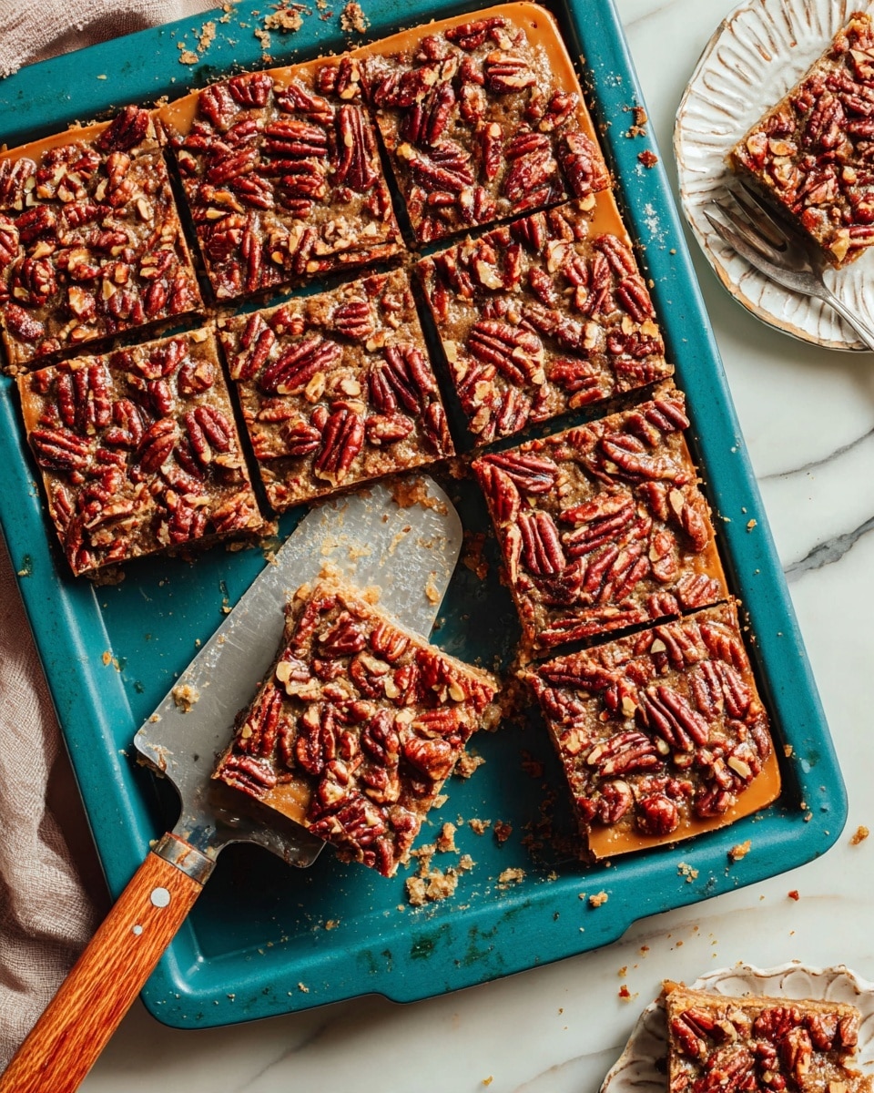 A blue baking pan holds several square slices of pecan dessert bars, each slice thick with two visible layers: a golden-brown base with a smooth texture and a top layer densely covered with dark brown, shiny pecan pieces. One slice is lifted by a metal spatula with a wooden handle from the lower left corner. The pan is placed on a white marbled surface, with some crumbs scattered around. A white plate with a fork and a small piece of the same dessert is partially visible in the upper right corner. photo taken with an iphone --ar 4:5 --v 7