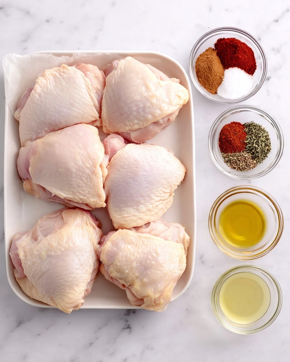 A white tray holds five raw chicken thighs, pale pink with smooth skin and some light yellowish fat patches, arranged loosely without overlapping. To the right of the tray, in the upper area, there is a small clear glass bowl showing an assortment of colorful spices: dark red smoked paprika, brown cinnamon, beige garlic powder, reddish chili powder, pale dried thyme, white salt, and black pepper. Below this, another small clear bowl contains light yellow vegetable oil. All items sit on a white marbled surface. photo taken with an iphone --ar 4:5 --v 7