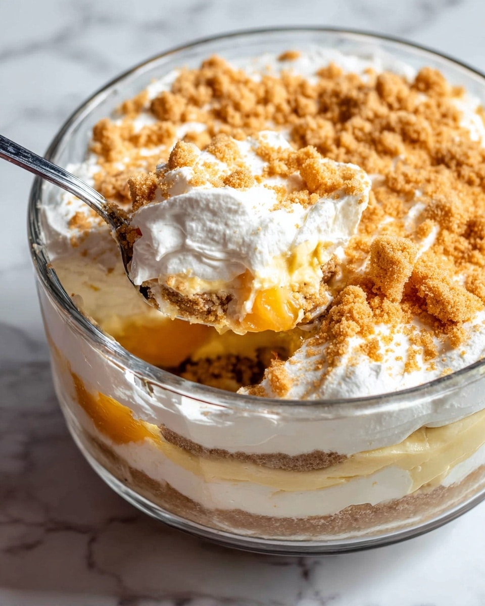A clear glass bowl holds a layered dessert with visible layers from the side. The bottom layer is a crumbly light brown base, followed by a soft orange layer with a chunky texture, then a thick creamy pale yellow layer. On top, there is a white whipped layer spread evenly, sprinkled with crushed golden brown crumbs. A silver spoon is scooping from the side, showing all four layers clearly. The bowl sits on a white marbled surface. Photo taken with an iphone --ar 4:5 --v 7