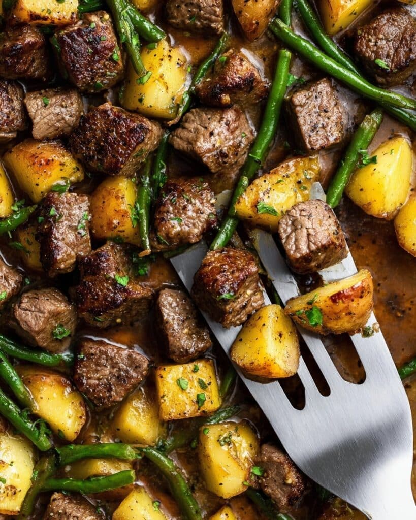 Sheet Pan Steak Bites and Potatoes with Green Beans Recipe