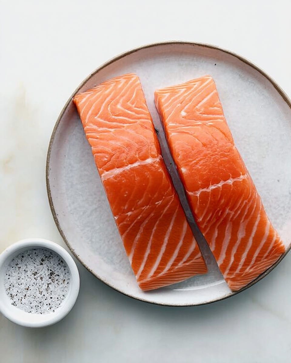 The image shows two raw salmon fillets placed side by side on a round white plate with a slightly textured surface. The salmon is bright orange with clear white fat lines running through it. To the left of the plate, there is a small white bowl with coarse salt and black pepper on a white marbled surface. The background is smooth and clean, highlighting the fresh look of the salmon and the simple seasoning bowl, photo taken with an iphone --ar 4:5 --v 7