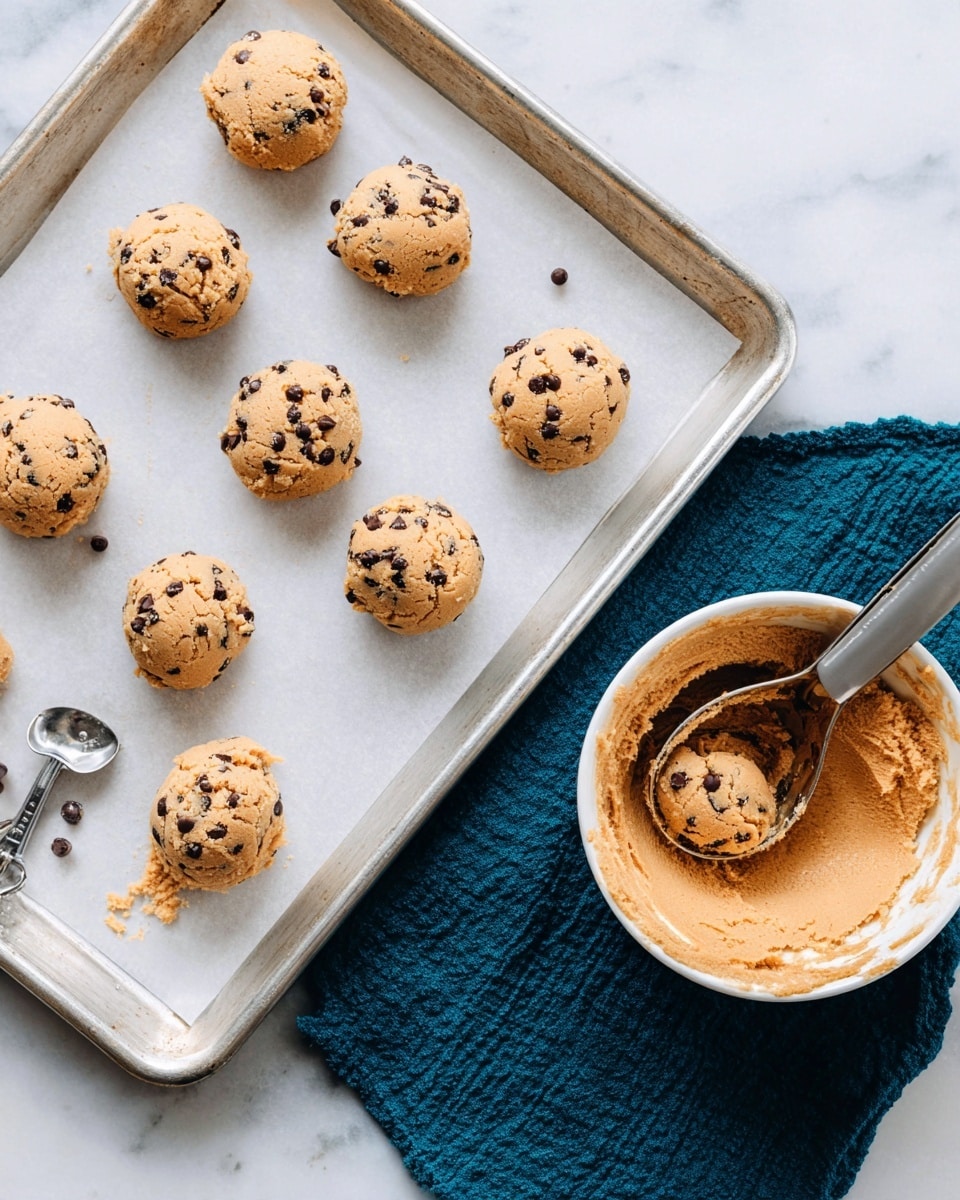 Several round scoops of light brown cookie dough with dark chocolate bits sit neatly spaced on a silver baking tray lined with parchment paper. To the right, a white bowl holds more of the same dough, partially scraped away along its inner sides, showing a rough texture and small chocolate pieces. A silver cookie scoop with some dough stains is placed near the bowl. Under the bowl, there is a dark teal cloth adding a splash of color against the white marbled surface beneath everything. photo taken with an iphone --ar 4:5 --v 7