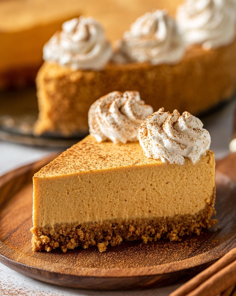 A round pumpkin cheesecake sits on a wooden board against a white marbled background, showing two thick layers: a light brown base crust and a smooth, light orange cheesecake layer above. The cheesecake top is even and creamy with a light dusting of brown spices, and five swirls of white whipped cream with a similar spice dusting are evenly placed around the edge. One slice of the cheesecake is pulled out slightly, revealing the distinct layers and smooth texture inside. Photo taken with an iphone --ar 4:5 --v 7
