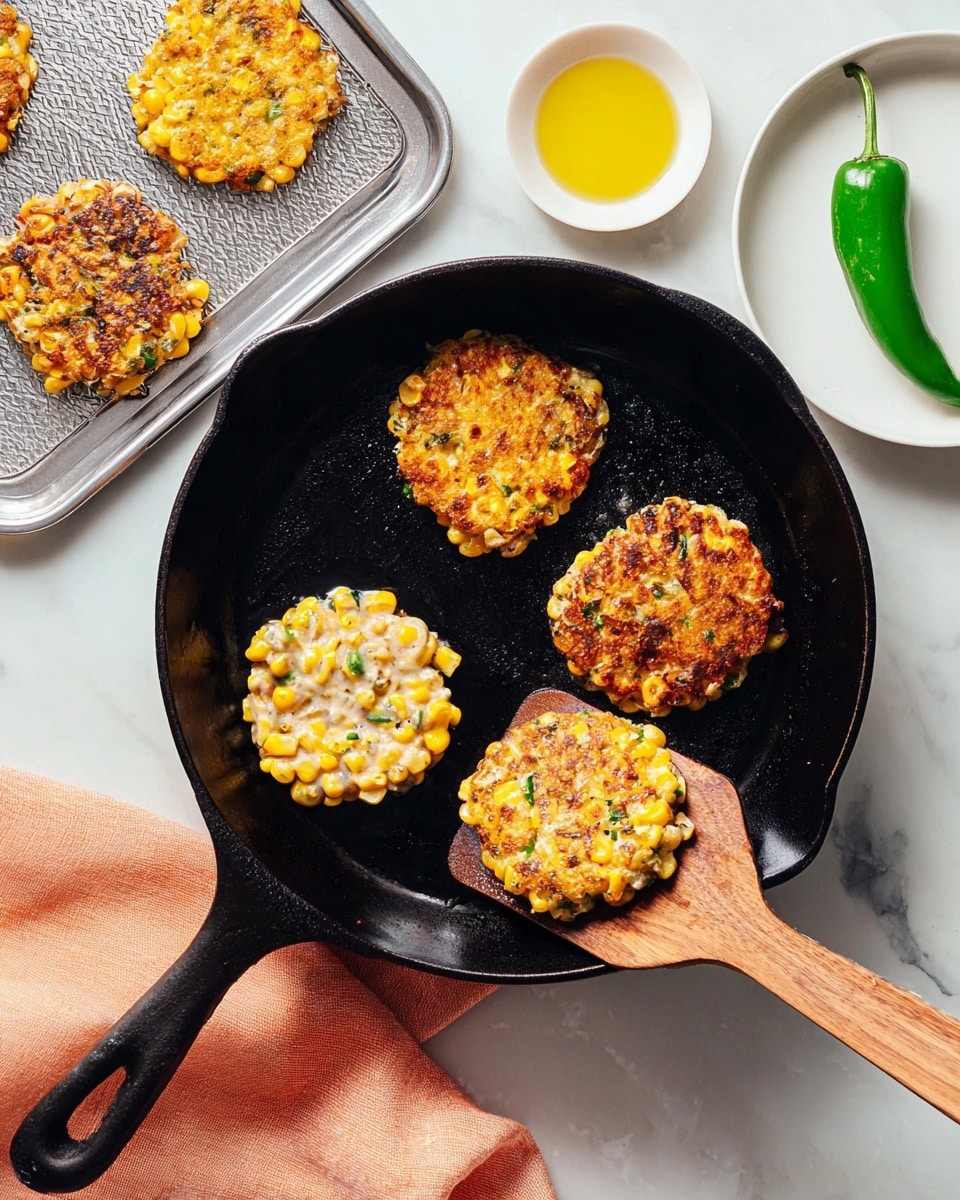 The image shows five corn patties in different cooking stages inside a black cast iron skillet placed on a white marbled surface. Three patties are golden brown with crispy edges and visible whole yellow corn kernels, while two are pale and uncooked, showing raw batter with yellow corn and green herbs. A wooden spatula lifts one of the uncooked patties from the pan. To the left, two cooked patties sit on a white wire rack over a silver metal tray. On the right, a white plate holds a single green chili and a small white bowl filled with yellow sauce or oil. A peach-colored cloth is placed near the skillet's handle. The scene is bright and clean. photo taken with an iphone --ar 4:5 --v 7