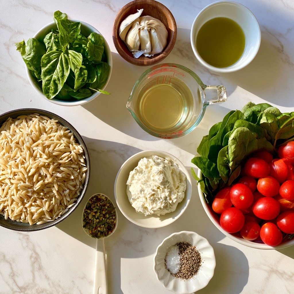 The image shows a flat lay of several ingredients arranged on a white marbled surface. In the center-left, there is a small white bowl with fresh green basil leaves. Above it, there is a small wooden bowl containing two cloves of garlic. To the right of the garlic, a small white bowl holds a little olive oil. Below the olive oil, there is a clear glass measuring cup filled with light yellow broth. To the left of the broth, a dark bowl is filled with pale beige orzo pasta. Below the orzo, a small spoon holds Italian seasoning with green, brown, and beige specks. Adjacent to the spoon, a white bowl contains white Boursin cheese. At the bottom right, a white bowl is filled with fresh spinach leaves on one side and bright red grape tomatoes on the other. In the lower-right corner, a small white scalloped dish holds a mix of salt and black pepper. Everything is placed neatly on the bright, clean background, with good lighting. Photo taken with an iphone --ar 4:5 --v 7