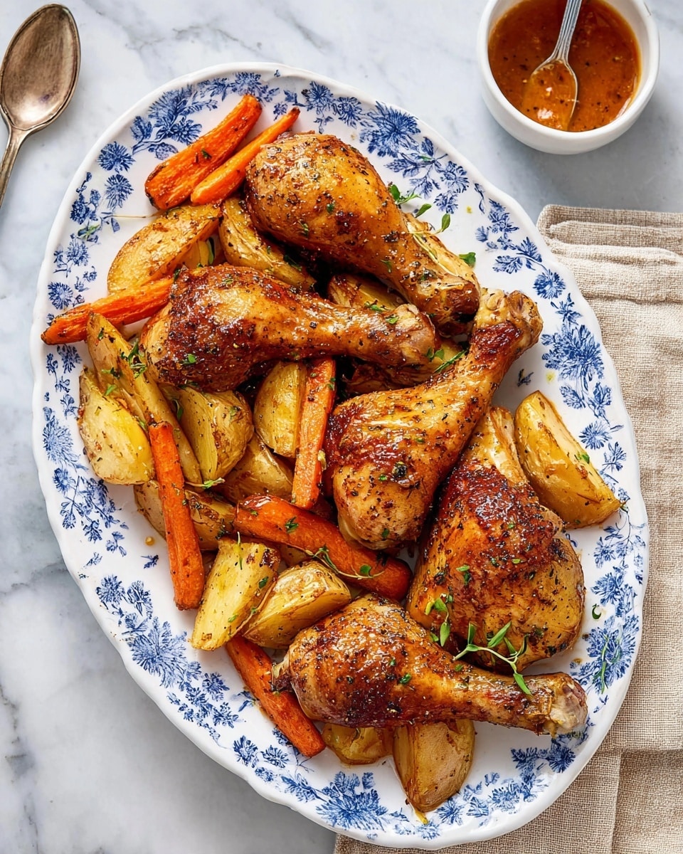 A white oval plate with blue floral patterns holds five golden-brown roasted chicken leg pieces arranged on top of a layer of roasted potato wedges and carrot sticks. The chicken skin is crispy and shiny, sprinkled with herbs and black pepper. The potatoes are golden and slightly crispy, with a few pieces leaning against the carrots, which are bright orange and tender. Some small sprigs of fresh green herbs are scattered on the top. The plate sits on a white marbled surface with a beige cloth napkin nearby. A white bowl with reddish-brown sauce and a silver spoon is in the upper left corner. Photo taken with an iphone --ar 4:5 --v 7