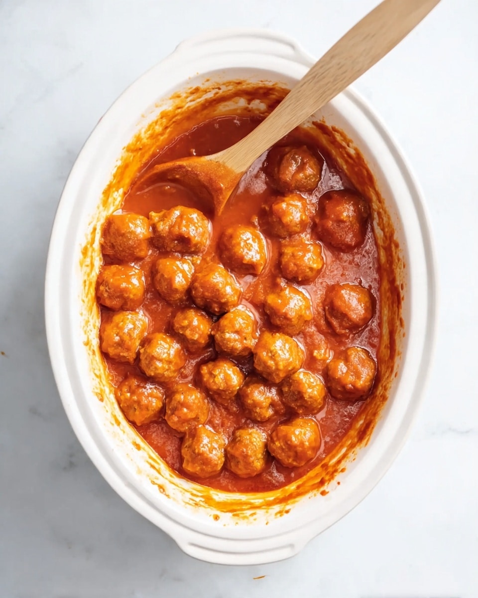A white oval dish filled with small, round meatballs covered in a thick, shiny red-orange sauce. The sauce has a smooth texture and coats the meatballs evenly. A wooden spoon is resting inside the dish, partially submerged in the sauce, with its handle extending outwards. The dish is set on a white marbled surface, with some sauce residue around the edges of the dish. Photo taken with an iphone --ar 4:5 --v 7