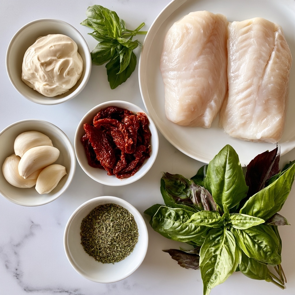 Two pale cream halibut fillets with a smooth texture lie side by side on a white plate at the top right. Around the plate are five small white bowls and a small bunch of fresh green basil leaves, all placed on a white marbled surface. The first bowl, at top left, holds a dollop of off-white creamy mayo. Below it, a bowl contains three smooth, peeled garlic cloves. In the middle, a bowl contains wrinkled dark red sundried tomatoes. Beneath this, a bowl holds dried green oregano flakes. To the right, there is a small bunch of fresh basil leaves with vibrant dark and light green shades, some large and some small. photo taken with an iphone --ar 4:5 --v 7