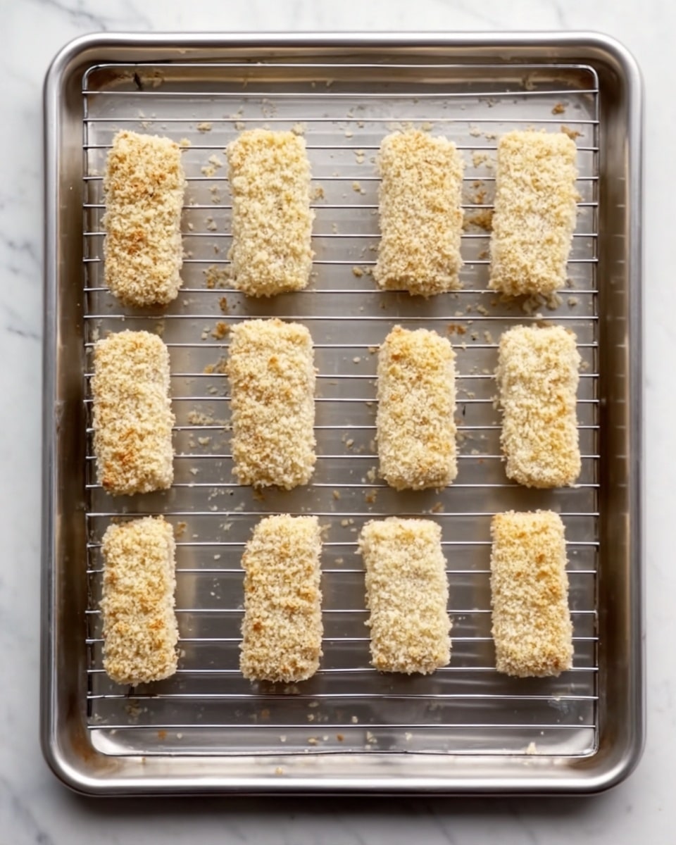 A metal baking tray holds twelve breaded rectangular pieces placed in two neat rows of six. Each piece is coated evenly with a light beige, crumbly texture, showing a rough and crispy surface. They rest on a metal cooling rack that leaves faint shadow lines on the white marbled background. The tray's shiny silver surface contrasts softly with the light crumbs. No other objects or utensils appear around the tray, creating a clean and simple scene. Photo taken with an iphone --ar 4:5 --v 7