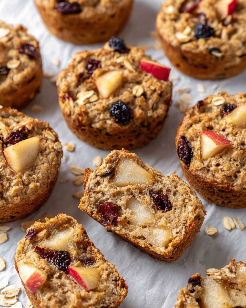 The image shows a group of round oatmeal muffins placed on white parchment paper over a white marbled surface. Each muffin has a textured top layer with visible rolled oats, small pieces of red apple slices, and scattered dark raisins. One muffin is cut in half, revealing a soft, dense inner layer with embedded apple chunks and raisins. The muffin tops have a golden-brown color with a mix of light beige oats and slightly darker baked spots. The muffins are close together, with some loose rolled oat flakes around them. Photo taken with an iphone --ar 4:5 --v 7
