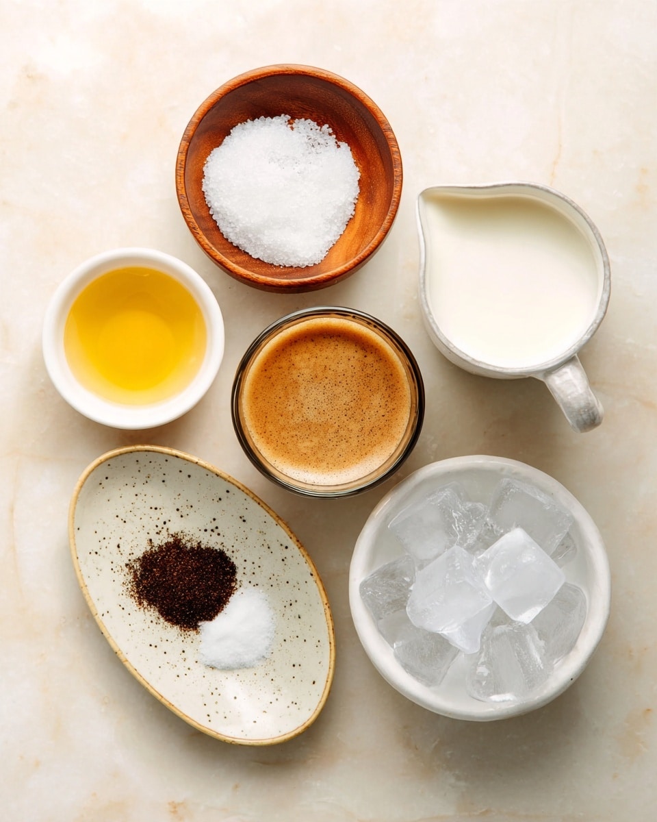 Top view of six small containers placed on a white marbled surface, arranged in a circular pattern. At the bottom right, a white bowl filled with clear ice cubes is visible, next to a white jug filled with milk at the top right. In the center, there is a clear glass cup with frothy brown coffee. At the top center, a small wooden bowl holds coarse white salt. To the left of that, a small white bowl contains a golden yellow liquid, while at the bottom left, a white, oval-shaped plate with black speckles holds a small pile of ground brown spice. photo taken with an iphone --ar 4:5 --v 7