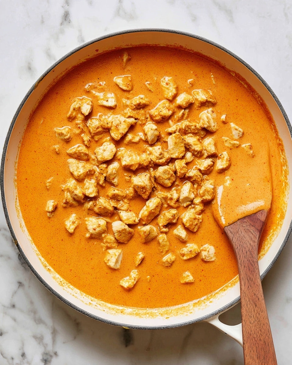 The image shows a white enamel pan with a thick orange sauce covering the bottom layer, smooth in texture. On top of the sauce is a layer of small, lightly browned yellow pieces of chicken chunks scattered unevenly across the surface. A wooden spatula is partially visible on the right side of the pan, blending into the sauce. The pan is placed on a white marbled surface. photo taken with an iphone --ar 4:5 --v 7
