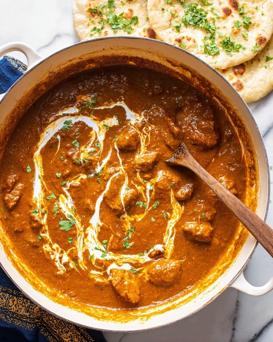 A large white pot filled with thick, rich orange-brown curry with visible chunks of meat inside, topped with a swirl of white cream and small green herb leaves scattered on top. A wooden spoon is partially dipped into the curry on the right side of the pot. Around the pot, round flatbreads are placed on a white marbled surface with some chopped green herbs sprinkled near the breads. photo taken with an iphone --ar 4:5 --v 7