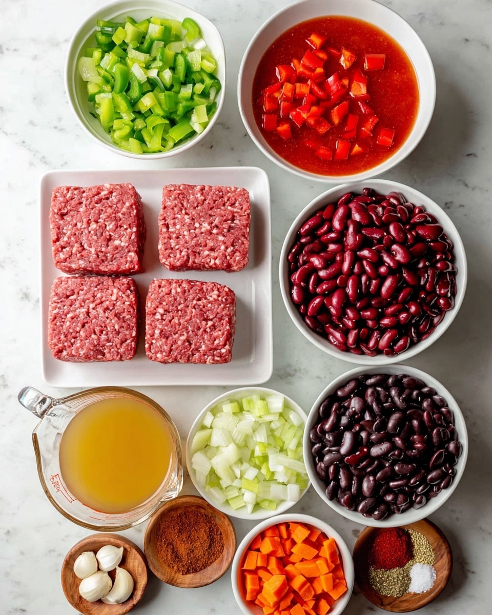The image shows an arrangement of raw ingredients on a white marbled surface. At the center left, there is a white plate with three thick square blocks of raw ground meat in a pinkish-red color. Above that, a white bowl holds chopped green and red bell peppers layered evenly. To the right of this bowl, another white bowl is filled with shiny dark red kidney beans. Below this bowl is a white bowl full of black beans. Next to this, there is a glass measuring cup with pale yellow broth and a large glass bowl filled with smooth, bright red tomato sauce. Scattered around are smaller white bowls with diced onions, celery, and carrots in different sizes of cubes. A small wooden bowl contains chopped white garlic. In the lower left corner, a white plate holds piles of ground spices in varying warm tones including red, brown, and black. The whole setup is bright and clear with a natural look. Photo taken with an iphone --ar 4:5 --v 7