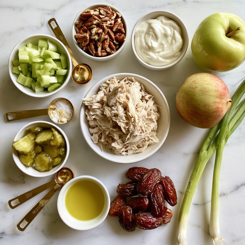 The image shows a flat lay of various ingredients on a white marbled surface arranged in a circle with a small white bowl in the center holding shredded chicken. Around the chicken bowl, there are small white bowls and gold measuring spoons containing chopped celery in a white bowl, chopped pecans, Greek yogurt, chopped dill pickle, minced garlic, salt, Dijon mustard, medjool dates, olive oil and lemon juice in a small white bowl, a whole honeycrisp apple, and two green onion stalks lying next to each other. The arrangement is neat and balanced, with each ingredient clearly visible. Photo taken with an iphone --ar 4:5 --v 7