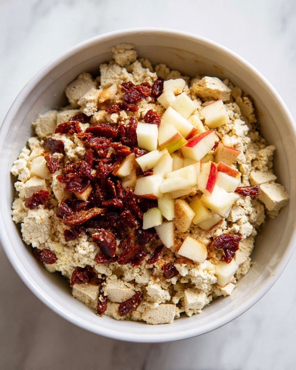 A close-up view of a white bowl filled with three visible layers of food: the bottom layer is crumbled tofu with a soft, grainy texture and pale beige color; scattered on top are small, red-brown pieces of chopped dates with a sticky and glossy look; the center features a small pile of finely chopped apple pieces with pale yellow and red skin showing fresh, juicy textures. The bowl sits on a white marbled surface. photo taken with an iphone --ar 4:5 --v 7
