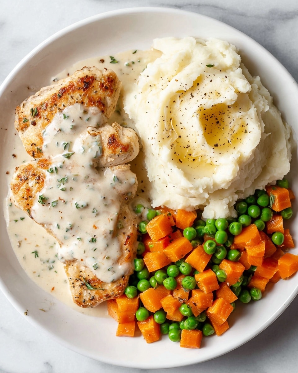 A white plate holds a meal with three main parts: two pieces of golden brown cooked chicken breasts on the left side, covered with a creamy white sauce that has small green herb bits, in the center a large scoop of smooth, creamy mashed potatoes topped with melted butter and sprinkled with black pepper, and on the right side a pile of cubed orange carrots mixed with bright green peas, all placed on a white marbled surface. photo taken with an iphone --ar 4:5 --v 7
