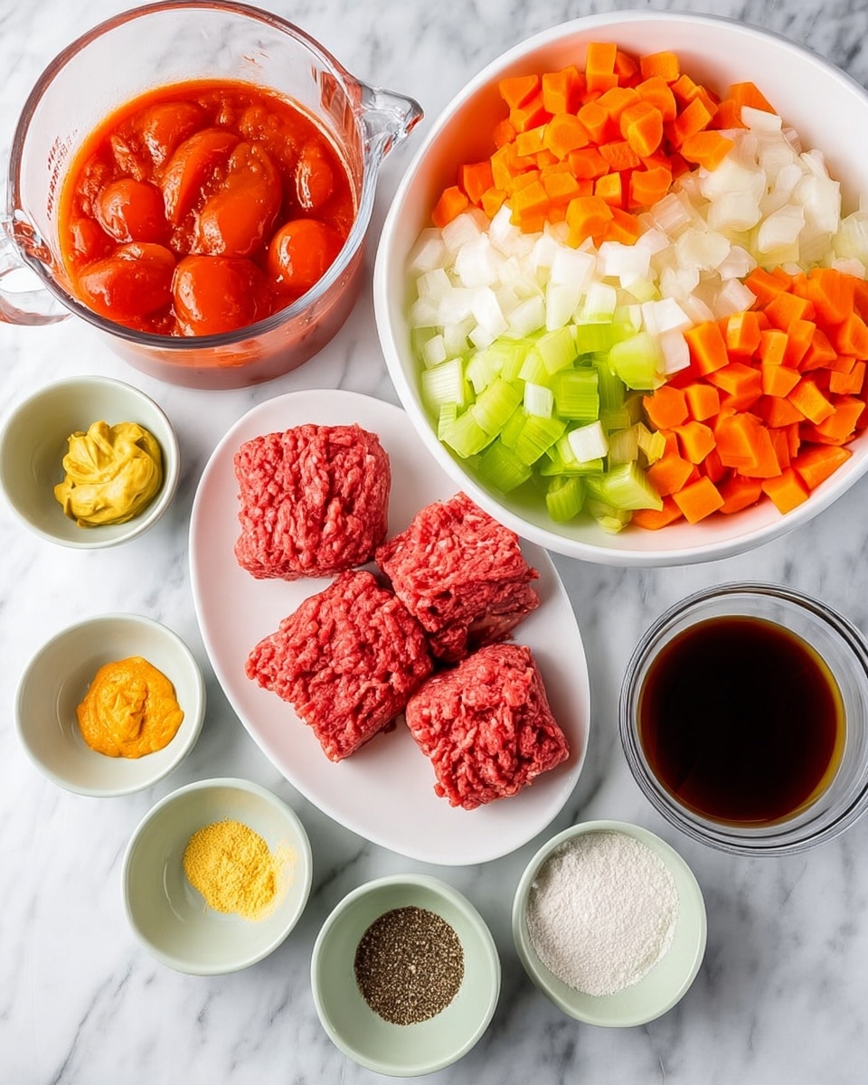 The image shows ingredients arranged neatly on a white marbled surface. In the top left, a clear glass measuring cup holds whole peeled tomatoes in red sauce. To the right, a large white bowl is filled with three layers of chopped vegetables: bright orange carrot pieces on top, white onion slices in the middle, and green celery pieces at the bottom. Below the vegetables, a white plate displays three pieces of raw red ground meat. Surrounding the plate and bowl are small white and light green bowls holding various seasonings: yellow mustard paste, light brown powder, yellow crumbled powder, white flour, and a small dish with red, black, and yellow spices. Finally, a small clear bowl contains a dark brown liquid, likely soy sauce, all placed evenly to create a clean and organized display. Photo taken with an iphone --ar 4:5 --v 7