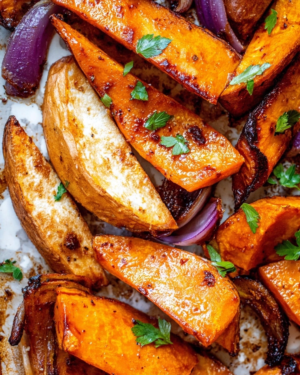 The image shows several golden-brown roasted pieces of squash and sweet potatoes, cut into thick wedges and slices. The squash pieces are bright orange with shiny, slightly crispy skin, and the sweet potato wedges have a light, golden interior with darker browned edges. Green parsley leaves are scattered on top, adding a fresh contrast. Some purple onion slices with a slightly caramelized edge are visible underneath the vegetables. All items are resting on a white marbled surface with some seasoning and meat juices adding a glistening texture throughout the dish. Photo taken with an iphone --ar 4:5 --v 7