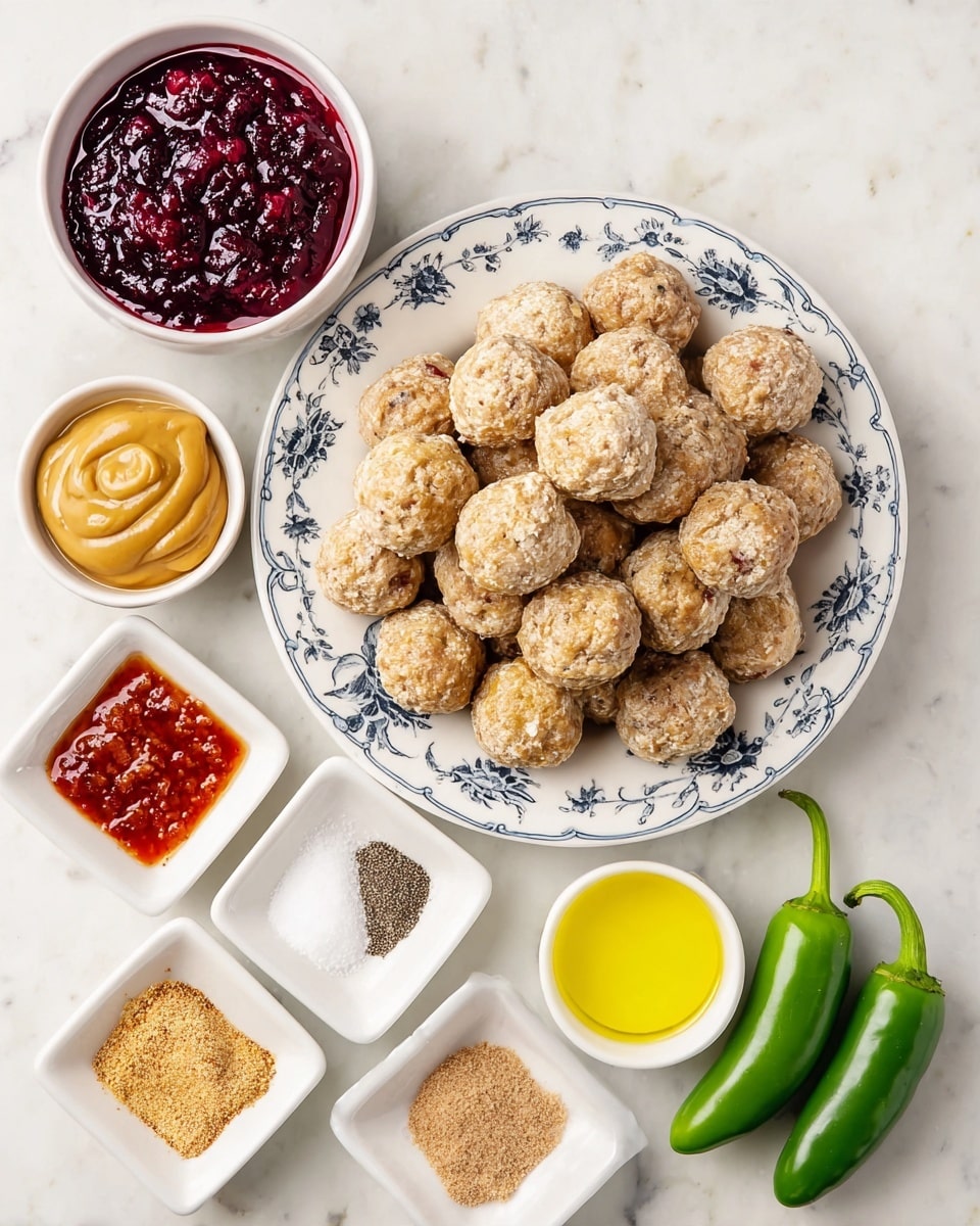 A large white plate with blue floral patterns is full of small, round, cooked meatballs that are light brown and slightly textured on top. Below the plate, there are eight small white square and round bowls arranged neatly: one holds dark red chunky cranberry sauce, another has smooth light brown liquid, one contains yellow mustard with a creamy texture, another is filled with a reddish sauce speckled with bits, one holds crumbled light brown powder, another has a mix of black and white powder spices, one is filled with bright yellow oil, and a small bowl contains a white powder. Two fresh green jalapeños sit near the bowls, all placed on a white marbled surface. Photo taken with an iphone --ar 4:5 --v 7